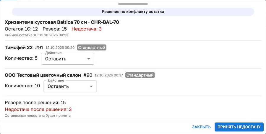 Окно «Решение по конфликту остатка»